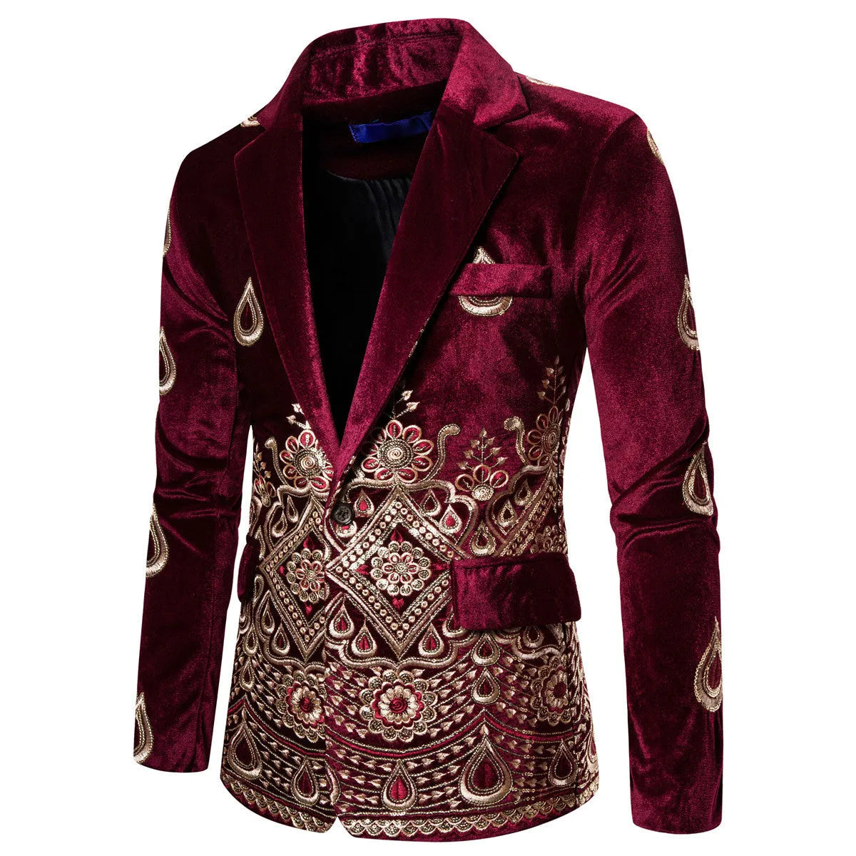 Men's corduroy single-breasted suit jacket with plaid pattern, slim fit, long sleeves, round hem, in black, wine red, or navy blue.