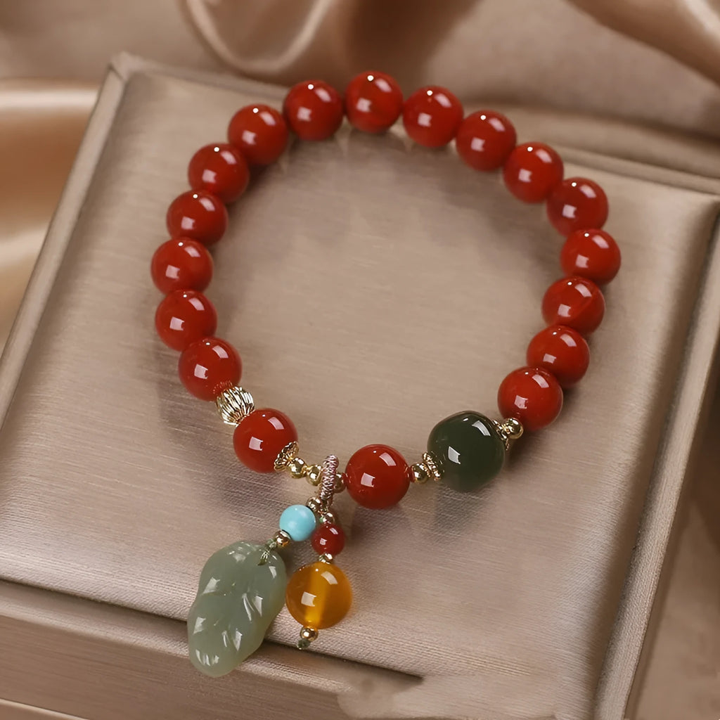 Natural South Red Agate bracelet for women with Hetian jade leaf pendant in ethnic style