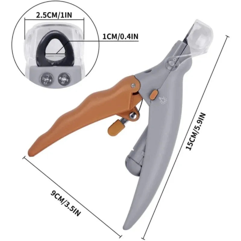 Yellow pet nail clippers with built-in LED light and magnifying lens for dogs and cats.