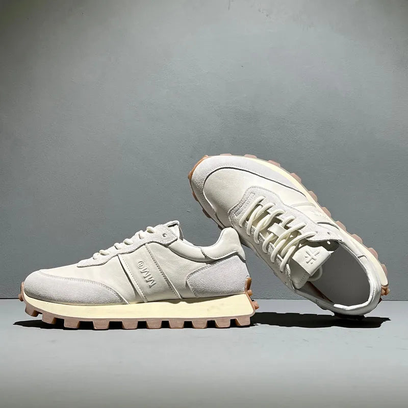 Mens lace-up leather sports shoes with thick rubber foam sole and heightening heel, black or white, sizes 38-43