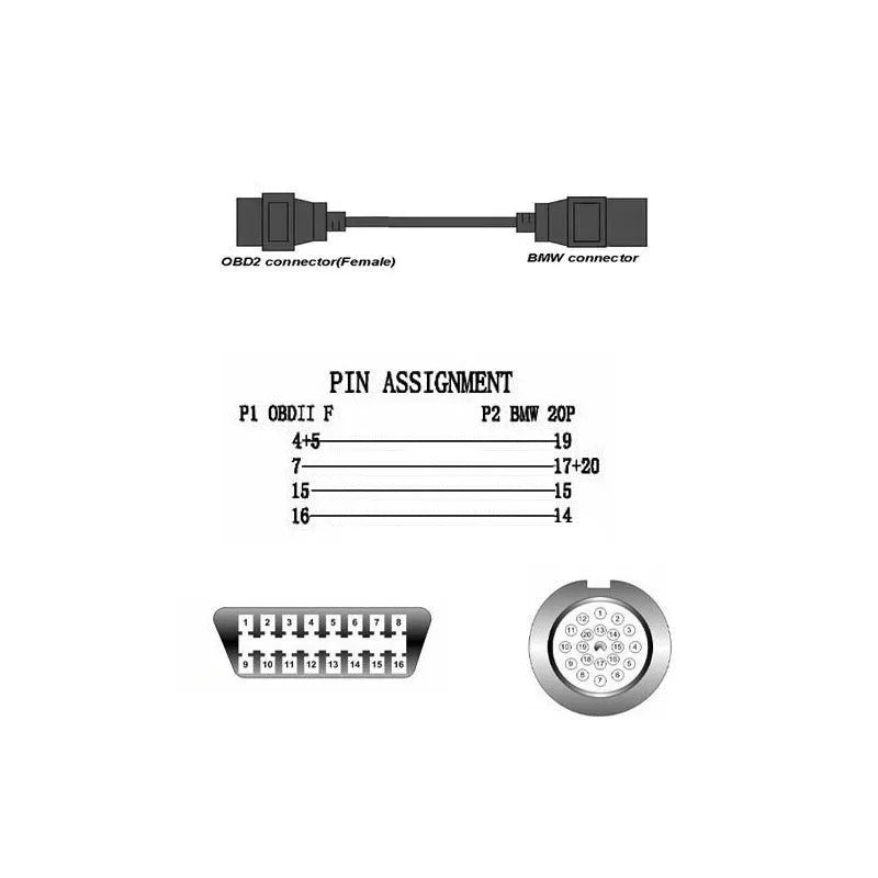 BMW 20-pin to 16-pin OBD2 diagnostic port adaptor cable on a white background.