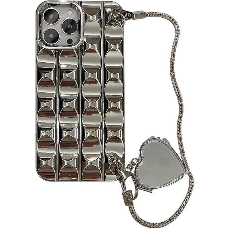 Electroplated silver heart-shaped mirror chain phone case for iPhone, concave-convex fine silver finish on a silicone back
