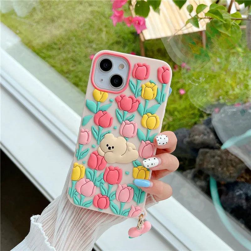 Creative cartoon little bear flowers silicone phone case with tulip pendant in pink for Apple iPhone