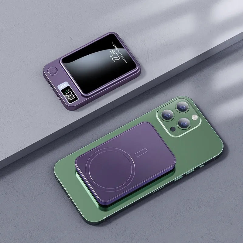 Wireless Magsafe power bank in black, white, purple, or green, showing compact industrial design.