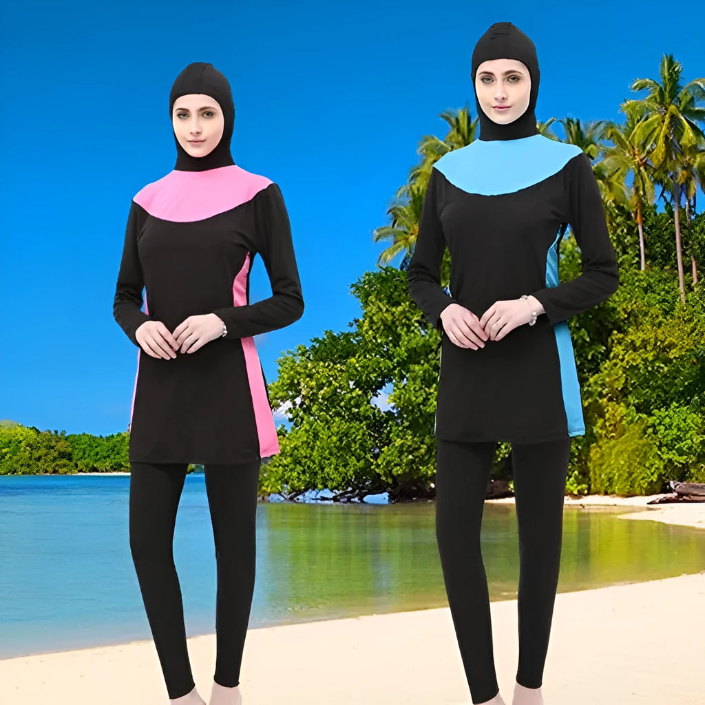 Women's black hooded long sleeve split swimsuit with pants for swimming