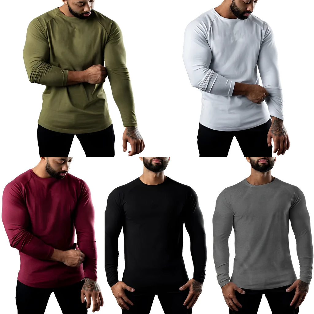 Men's long sleeve cotton sports T-shirt in Army Green with round neck and quick-drying properties