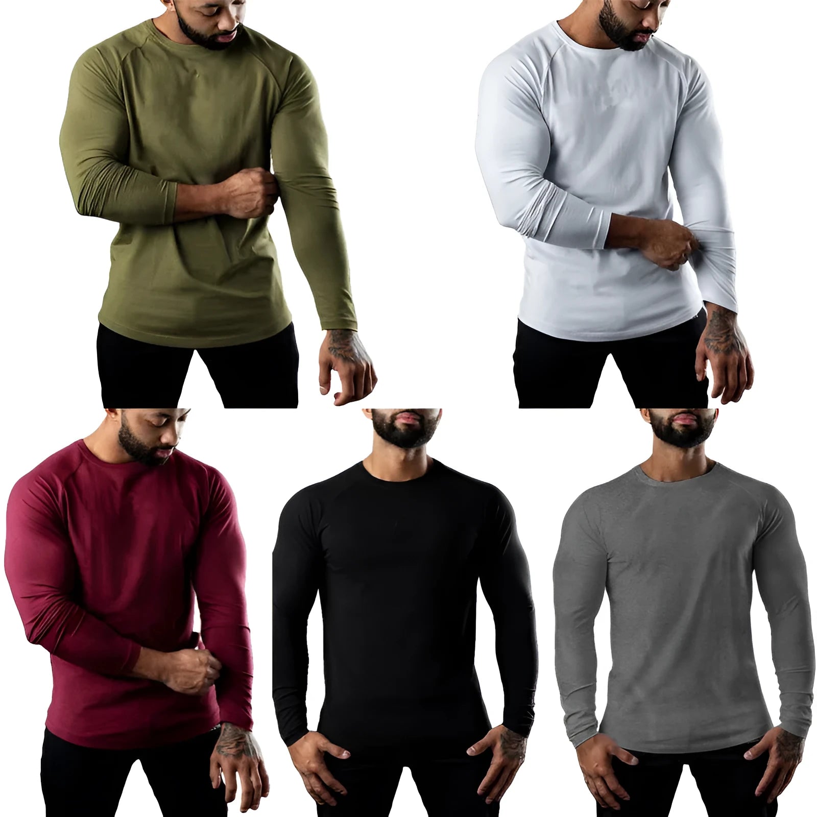 Men's long sleeve cotton sports T-shirt in Army Green with round neck and quick-drying properties