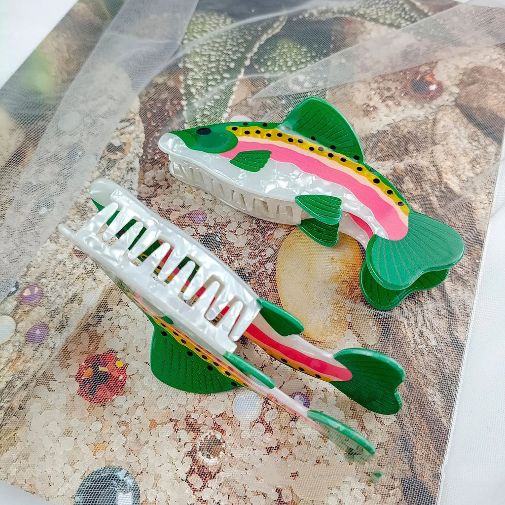 Dark green PVC hair clip with printed rainbow trout marine design