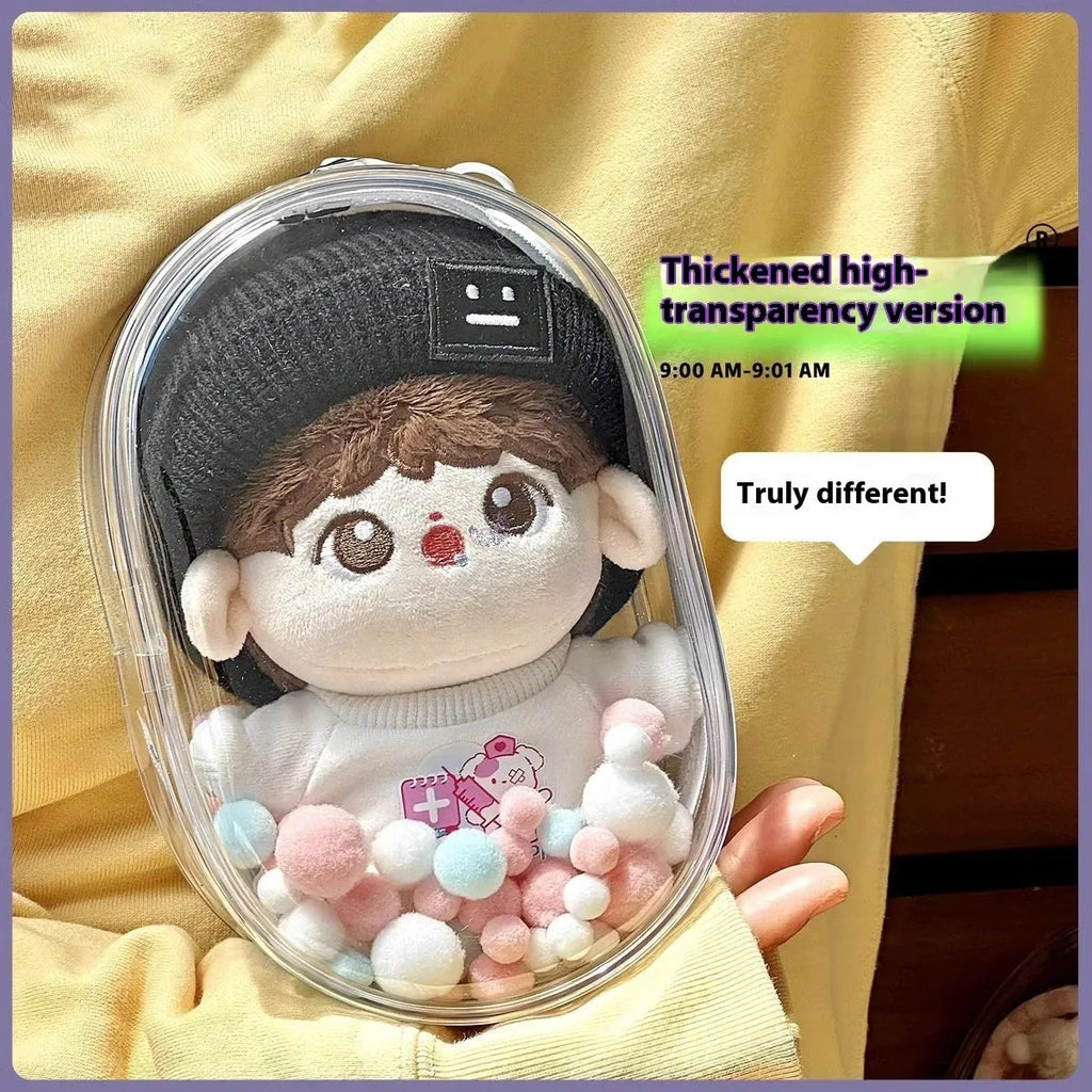 Clear PVC cube storage bag 17cm with keychain in avocado green colour for dolls.