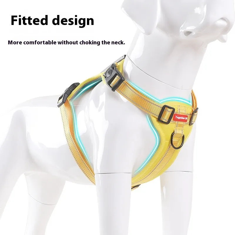 Adjustable polyester dog chest harness and lead in multiple colours on a size chart.