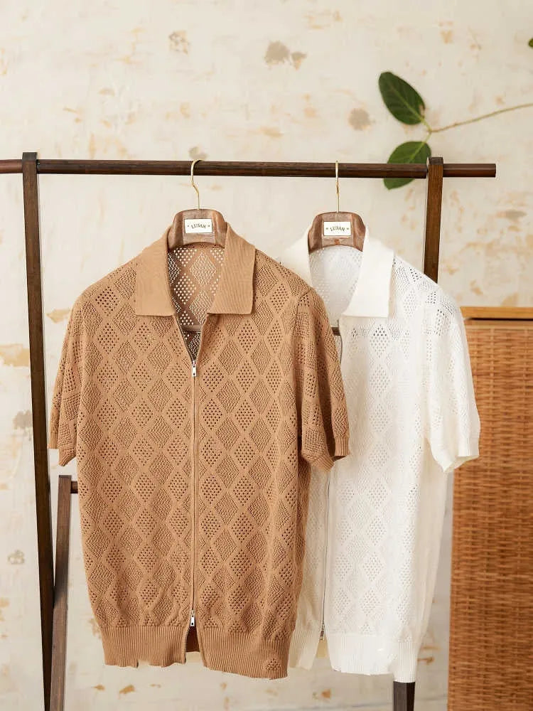 Light brown cotton casual cardigan with zipper and lapel collar on a hanger.