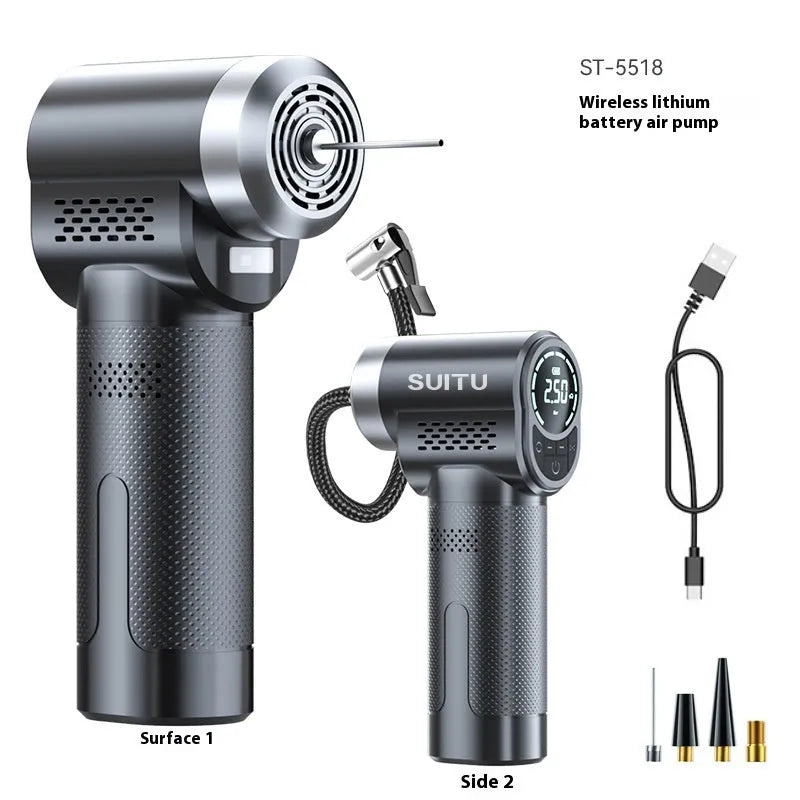 ST-5518 wireless portable air pump with inflatable pipe and nozzles for car tyres and sports equipment
