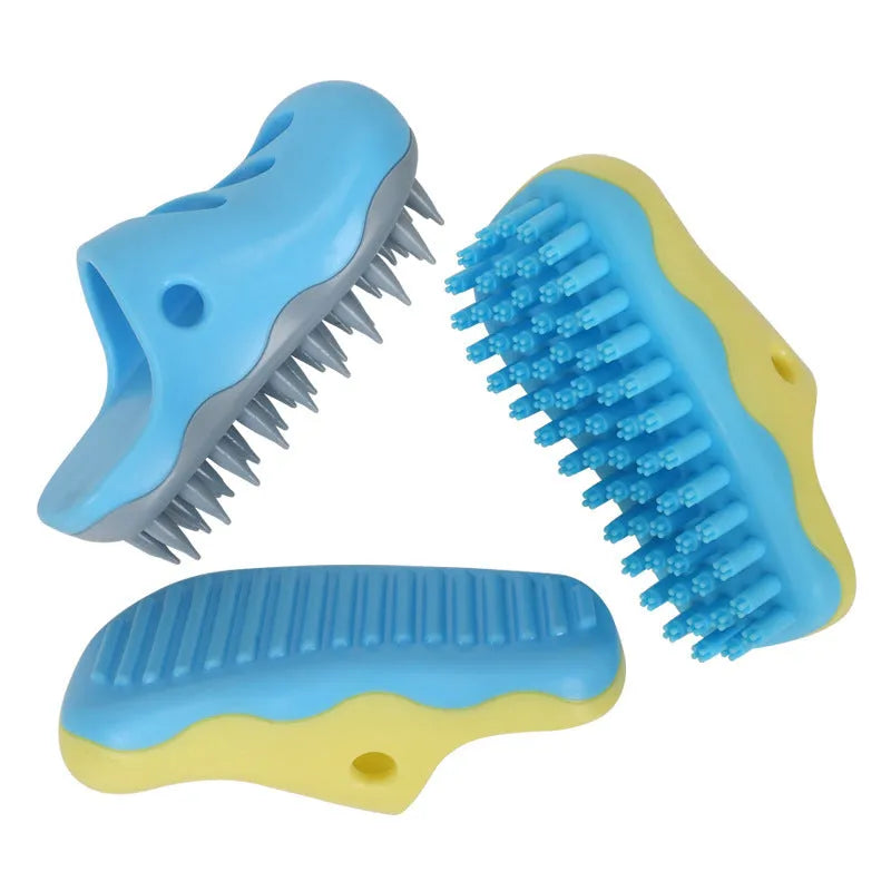 TPR dog cleaning brush with massage function in blue or yellow with different vamp style options