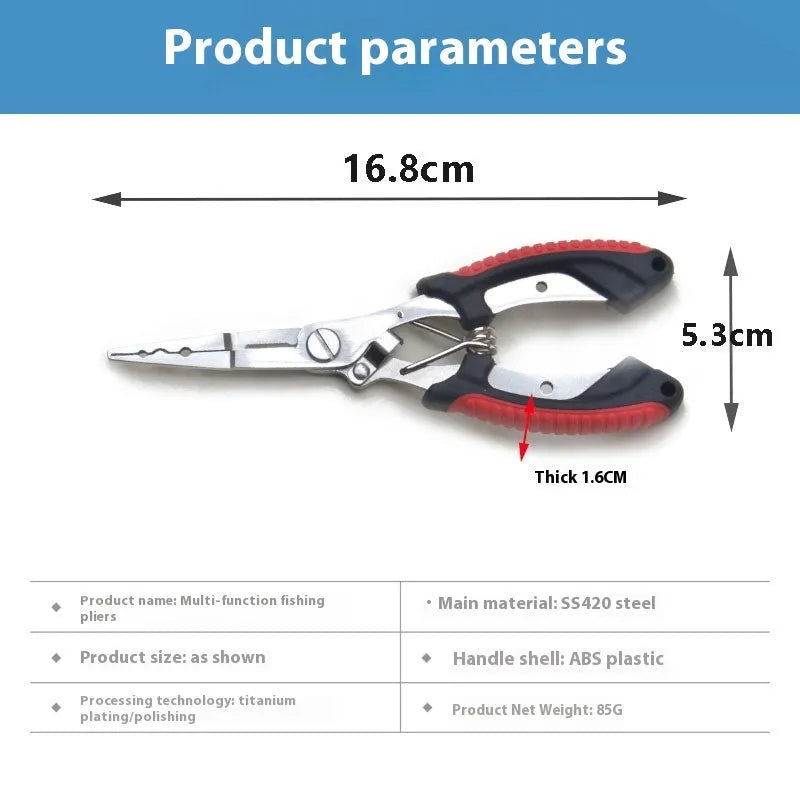 Medium straight mouth fishing pliers with hook, blue ABS handle and nylon carry strap on a grey background.