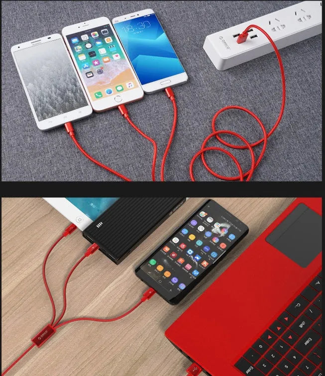 Three-in-one USB charging cable 1.2m 3A with Type-C, Micro USB and Lightning connectors, PVC and nylon braid, black red blue