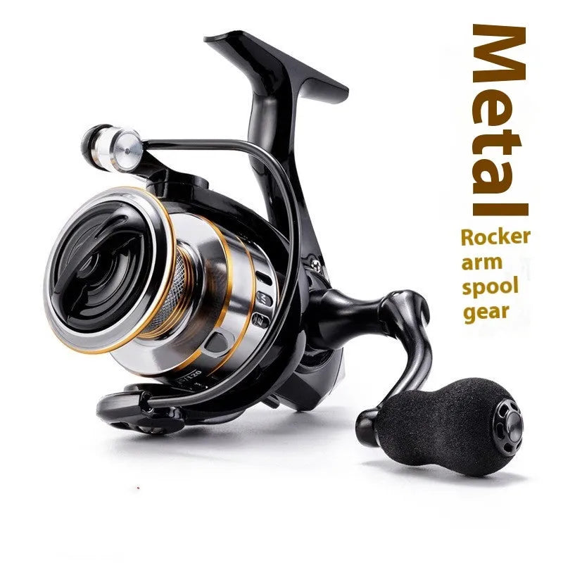 All-metal spinning fishing reel with EVA grip handle on a grey background