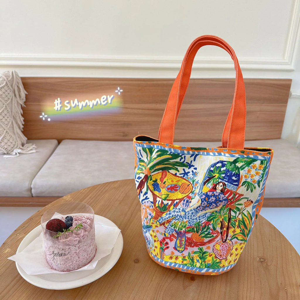 Dream Garden Orange canvas bucket bag with plush finish and double shoulder straps