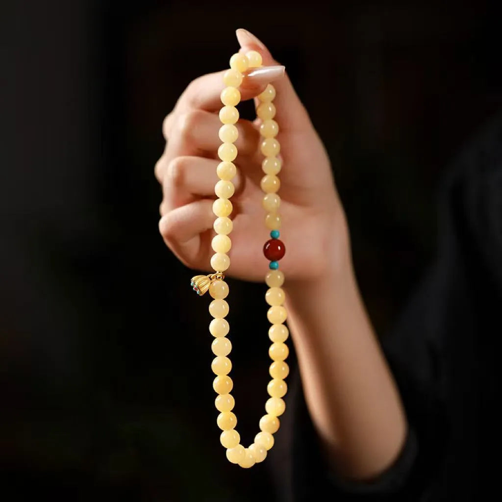 Yellow jade handmade double ring bracelet with lotus seedpod beads in 6mm and 8mm sizes
