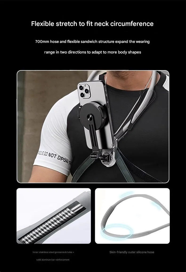 Magnetic neck strap mount for mobile phone and action camera, hands-free chest mount for live streaming and cycling.