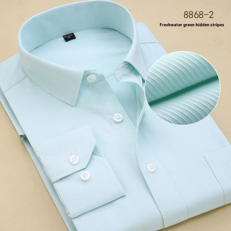 Men's black slim fit long sleeve business shirt in cotton fabric on a hanger