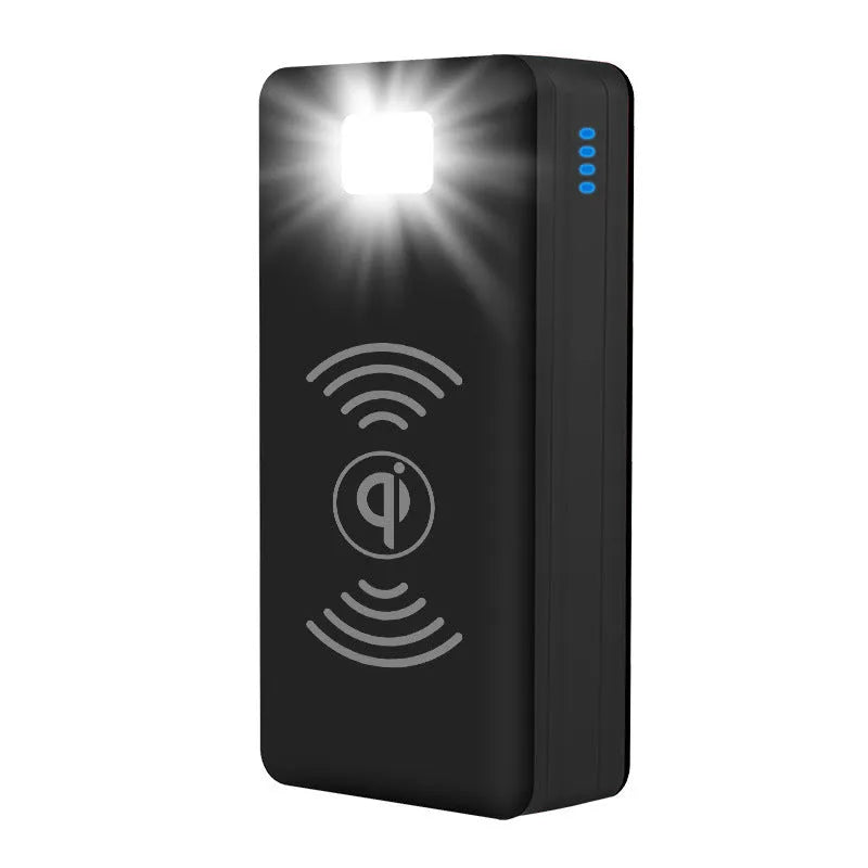 Solar wireless power bank in black with colour accents showing charging ports and solar panel