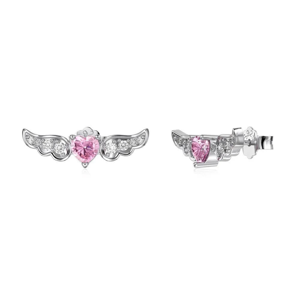 925 silver heart-shaped zircon earrings with wings motif, Japanese Korean light luxury style, O-chain stud design for women