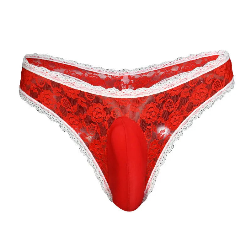 Qing He men's lace low waist underwear shorts with vertical bag egg design in black.