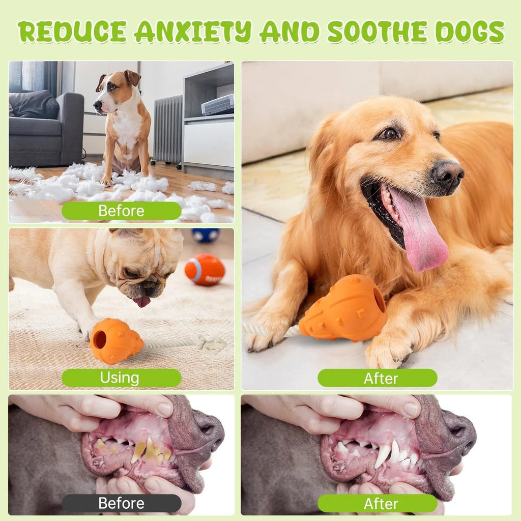 Durable natural rubber dog toy for small medium breeds, shown with a longer strap for fetch.