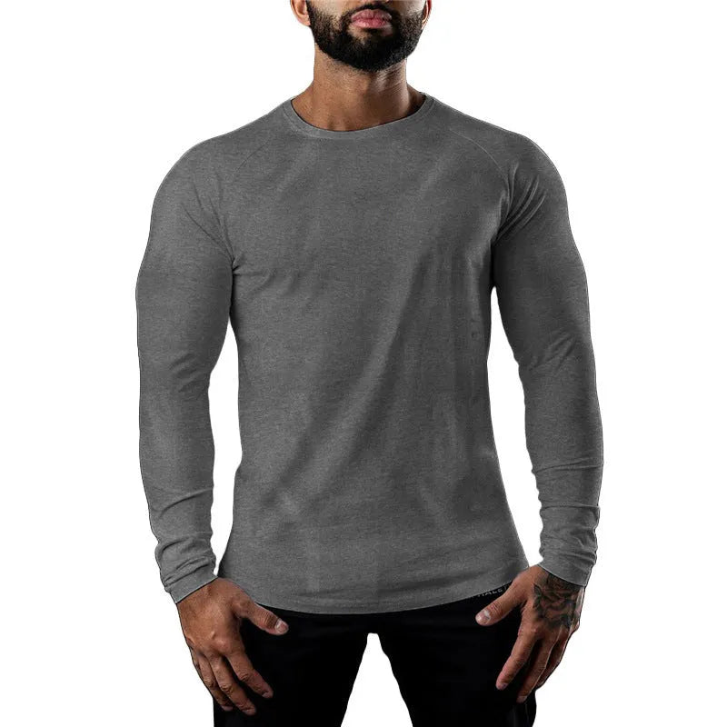Men's long sleeve cotton sports T-shirt in Army Green with round neck and quick-drying properties