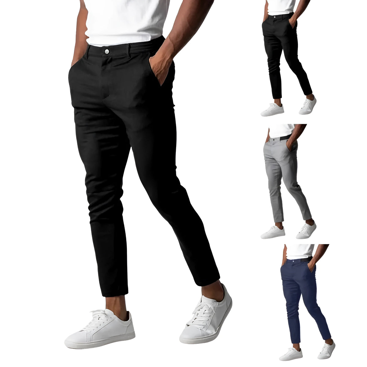 Men's grey straight-leg cotton blend business trousers with elastic waist and zip fly