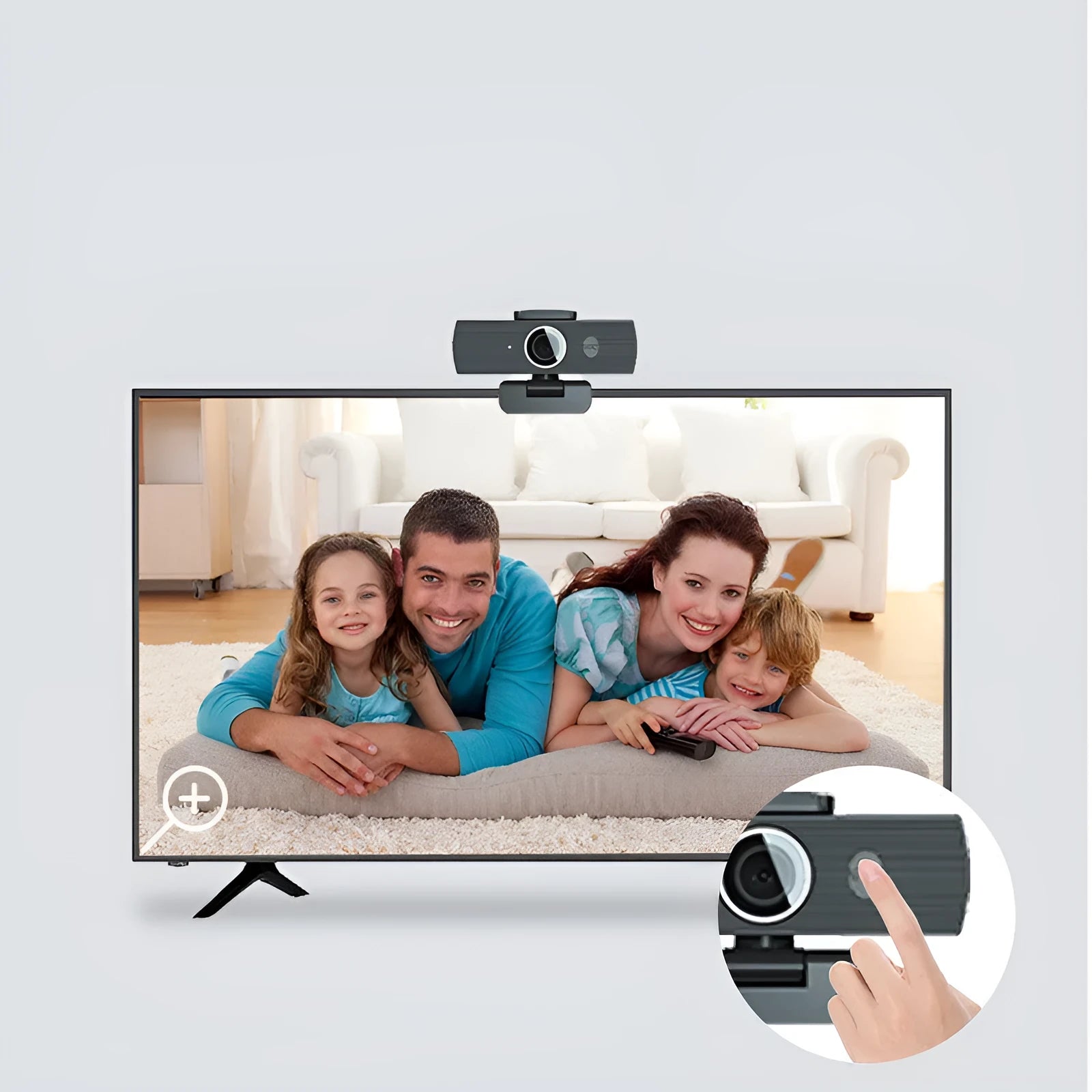 Black 8MP USB webcam with magnetic privacy cover on a laptop, showing 4K 60FPS video call on screen.