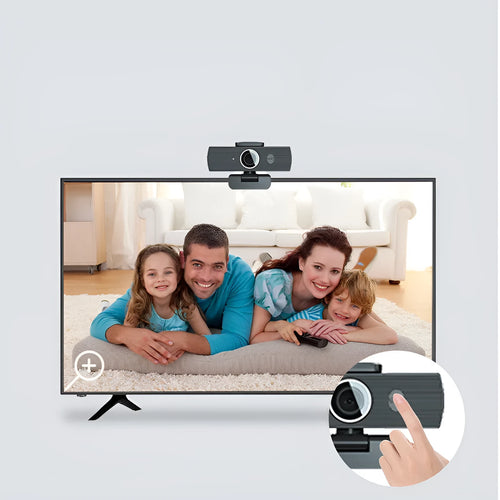 Black 8MP USB webcam with magnetic privacy cover on a laptop, showing 4K 60FPS video call on screen.