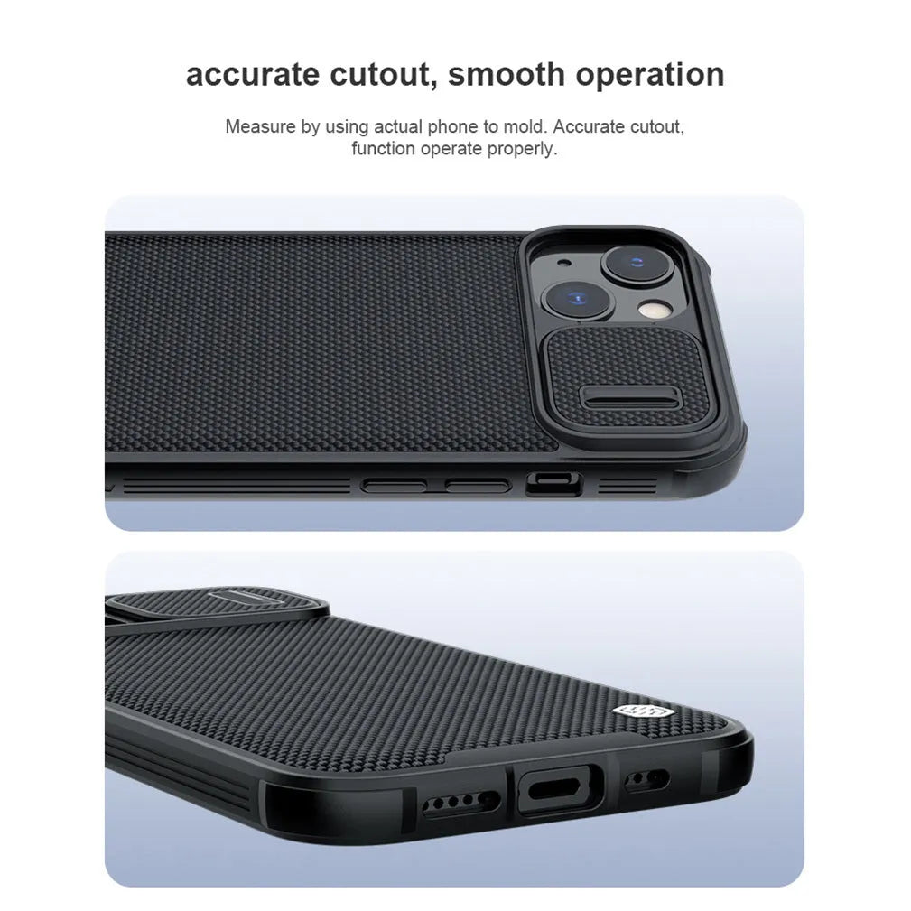 Black textured PC and TPU sliding back cover case for Apple iPhone 13 Pro Max on a white background.