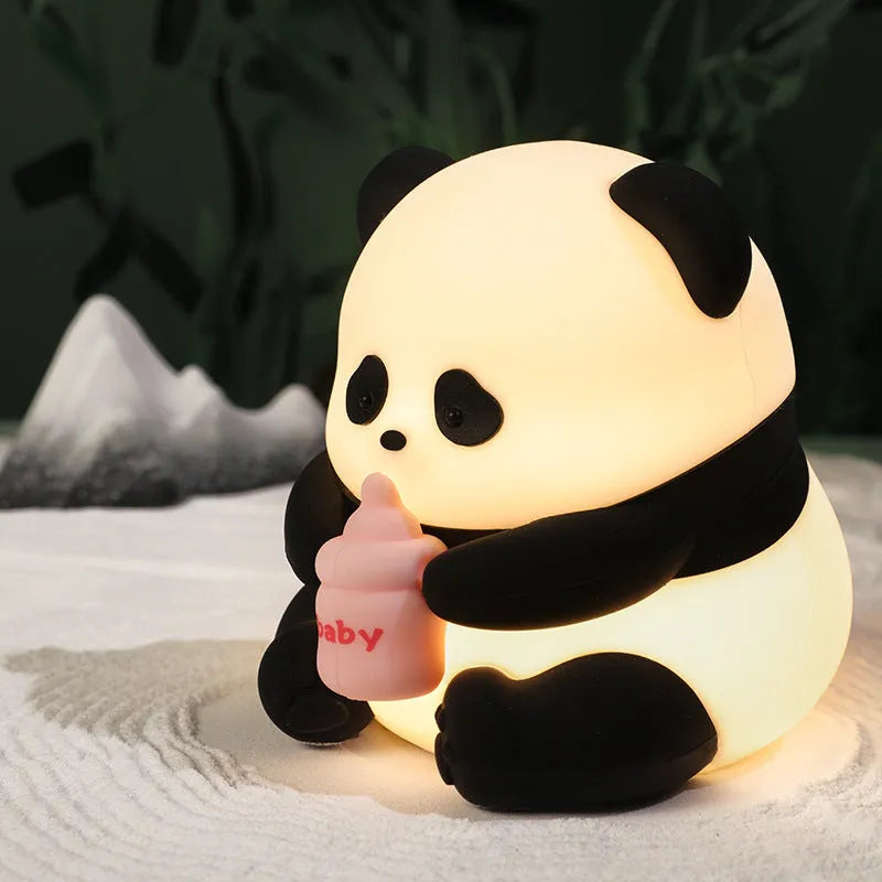 Colourful cartoon flower panda silicone night light with built-in battery on bedside table