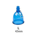 Blue silicone male masturbator cup showing physical stretch exerciser design in three sizes: small S, medium M, large L