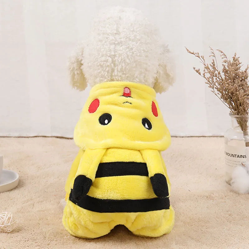 Dog or cat wearing a cartoon-style fleece hooded coat in a cosplay design.