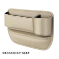 Car seat gap storage box with cup holder in black PU leather and ABS plastic fitted between car seat and centre console