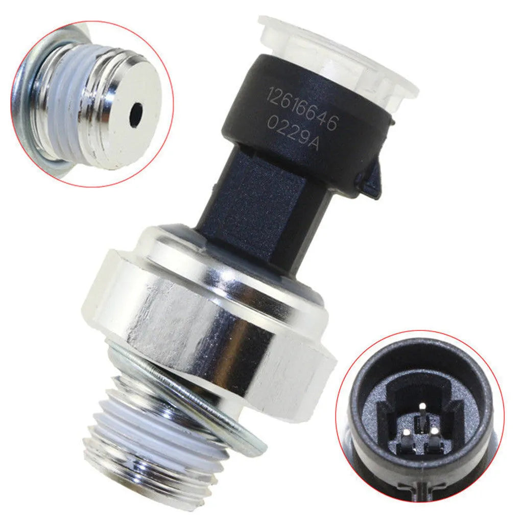 Genuine GM oil pressure sensor for Buick and Chevrolet vehicles, part numbers 12573107 12567323 visible.