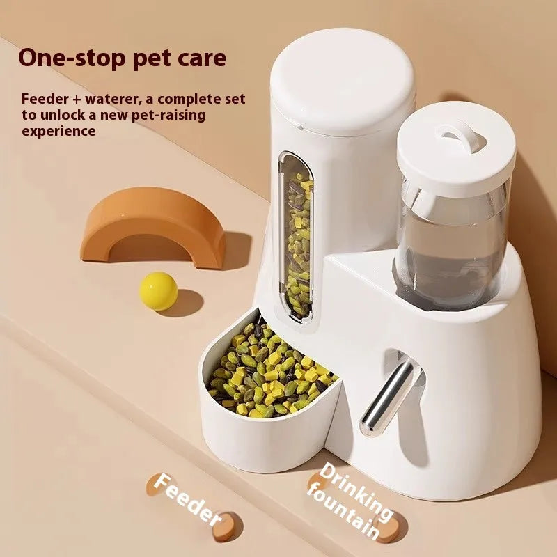White, blue, and pink hamster automatic water feeder kettle with attached food basin.
