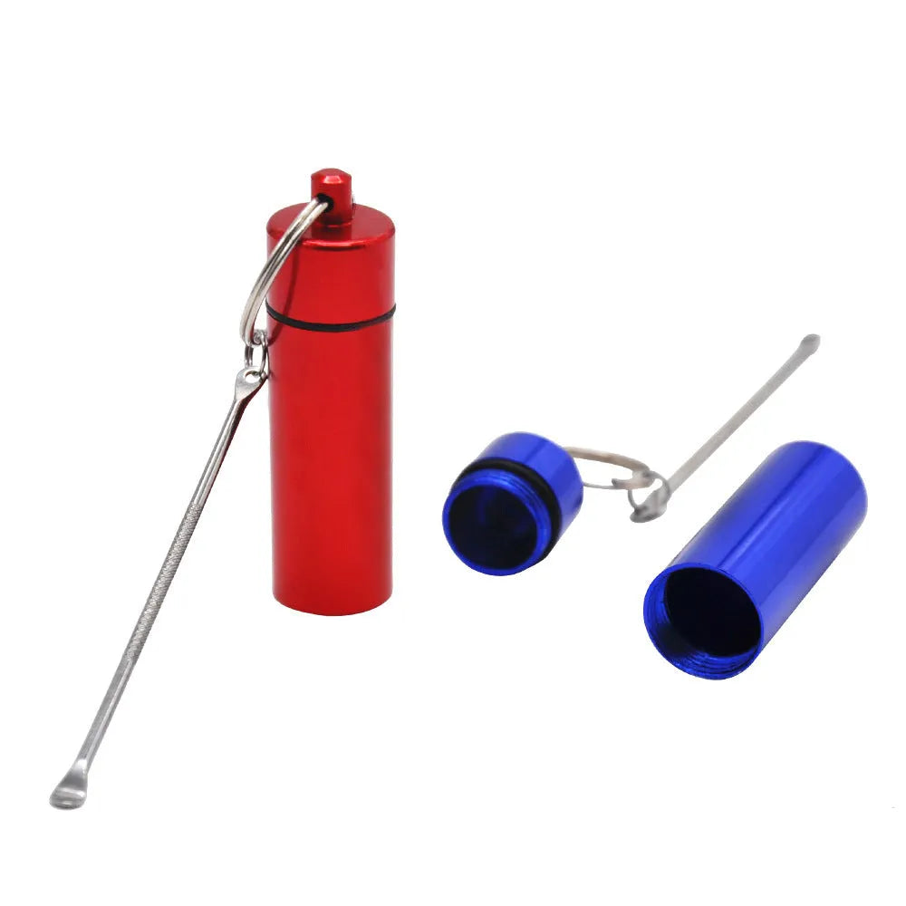 Aluminium medicine storage bottle with spoon and keychain in five colour options