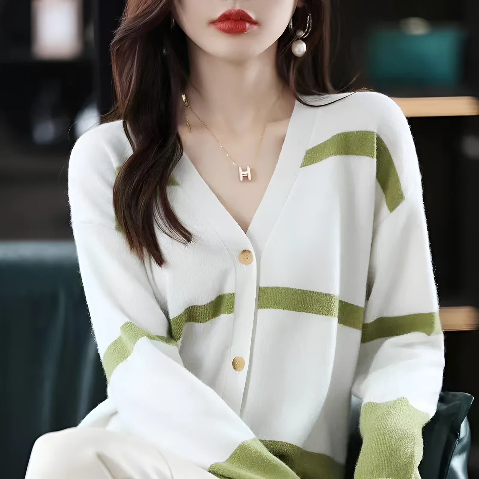 Women's striped knitted cardigan with 3D pattern, V-neck and button-up front in multiple colour options