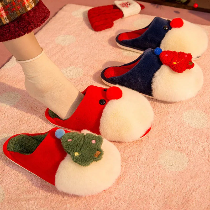 Winter plush Christmas slippers for women with Santa Claus and Christmas tree design, PVC anti-slip sole and artificial wool insole
