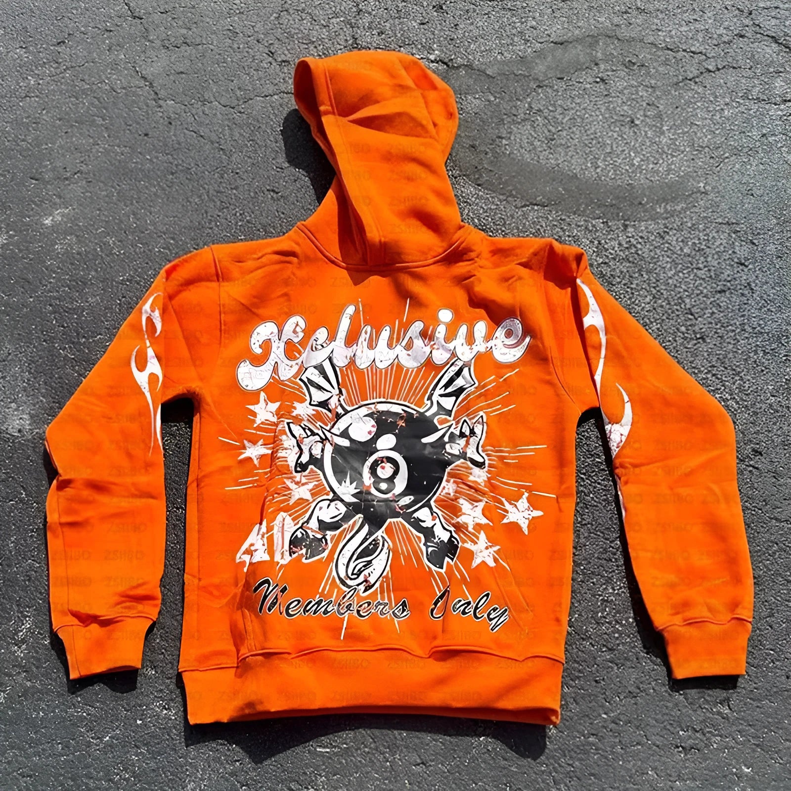 Orange loose-fit pullover sweatshirt with personalised letter print on the front, featuring a pocket and hood.