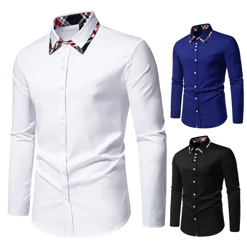 Men's blue plaid long sleeve shirt with a black triangle contrast collar.