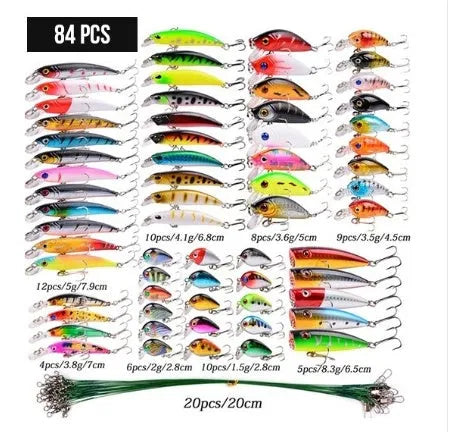43-piece portable fishing gear set with plastic bait lures in green, blue black, and silver colours including 20cm baits