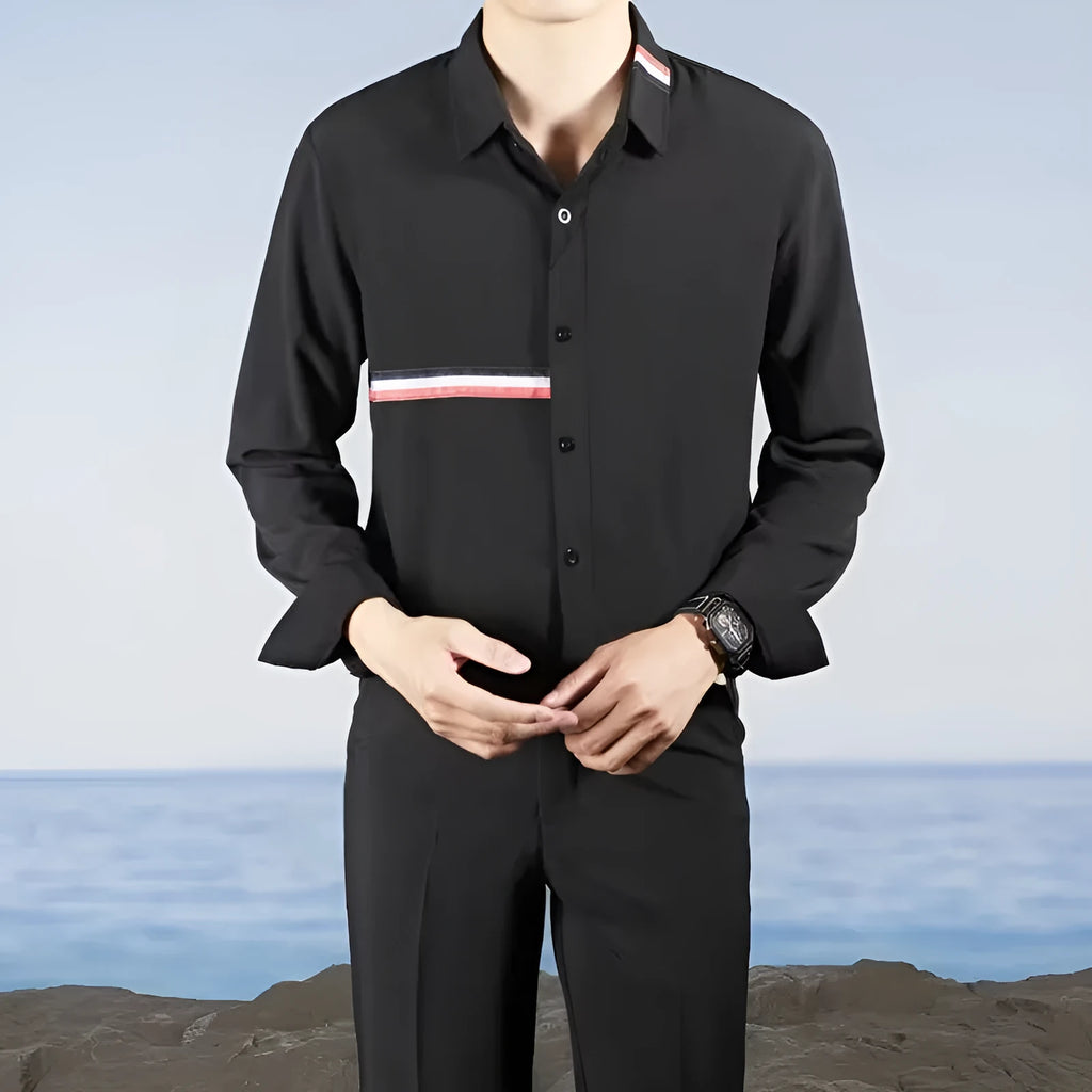 Hong Kong style loose shirt in cotton blend fabric with cardigan design