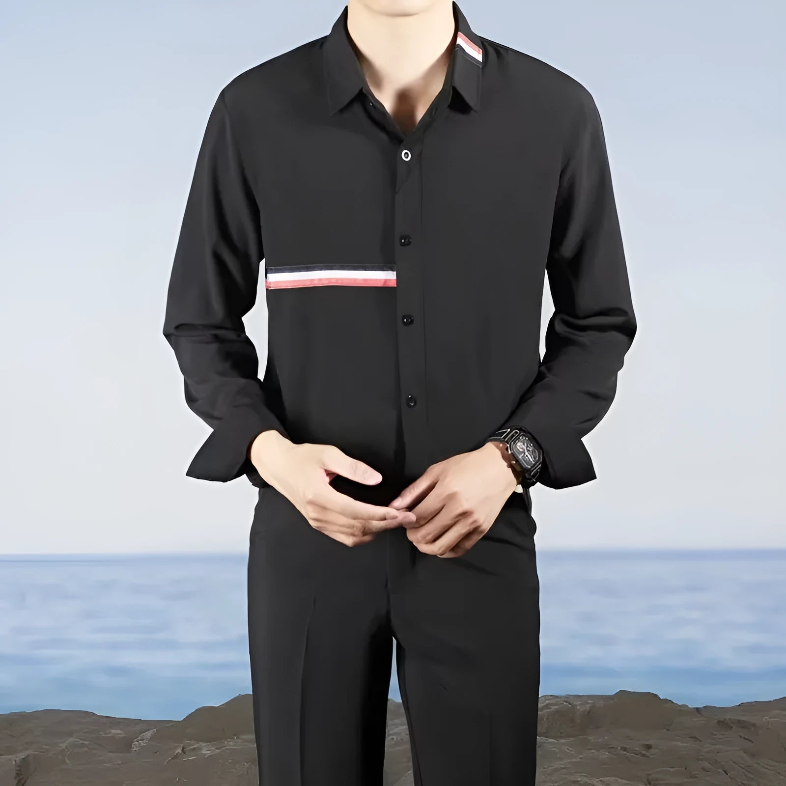 Hong Kong style loose shirt in cotton blend fabric with cardigan design