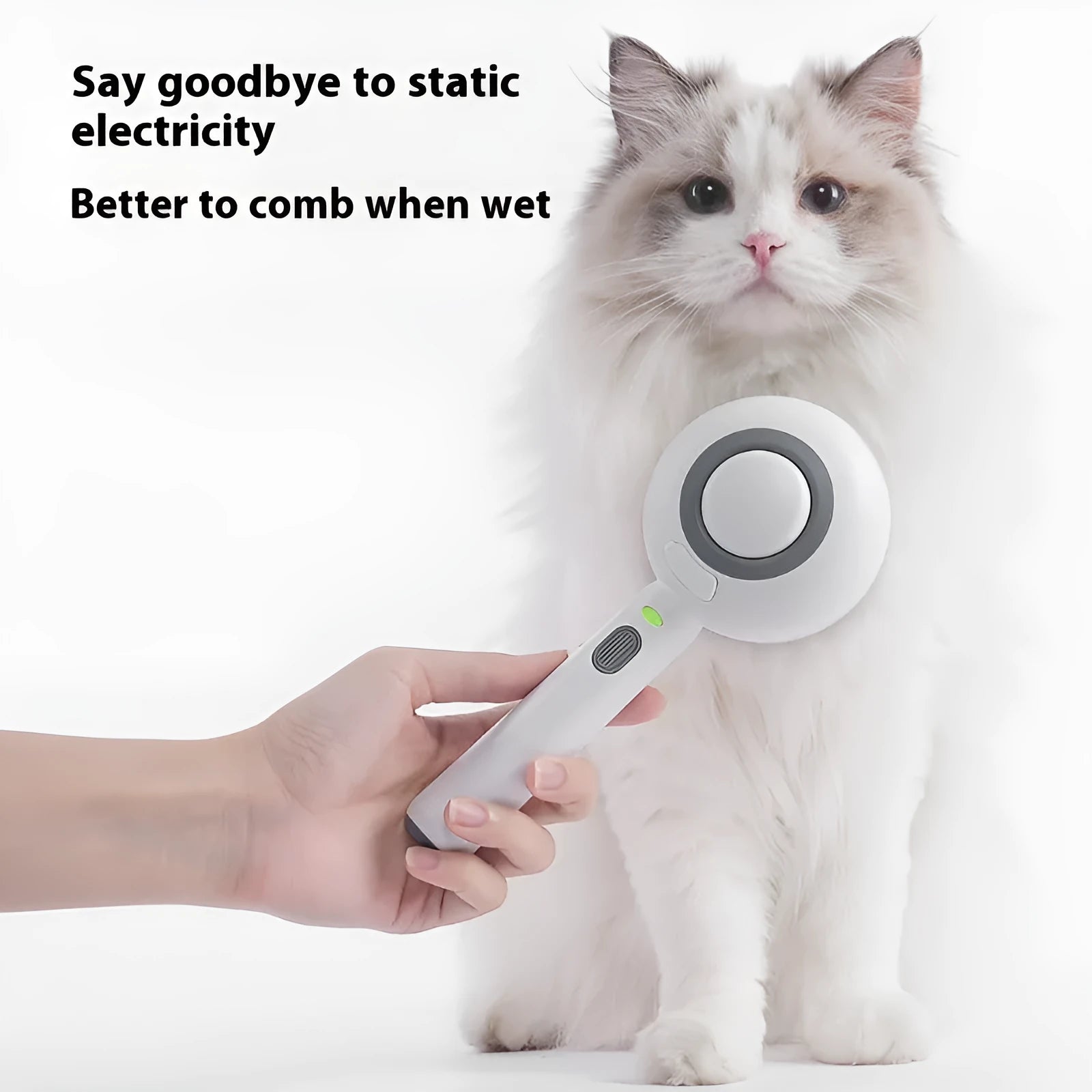 Pet spray comb for cat grooming in lollipop shape with soft essence bottles, White colour option shown
