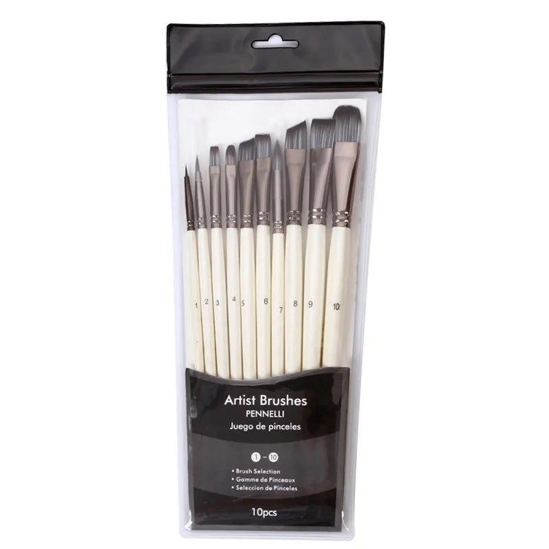Set of 10 pearl white nylon paintbrushes with wooden handles for oil painting.