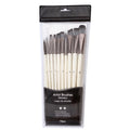 Set of 10 pearl white nylon paintbrushes with wooden handles for oil painting.